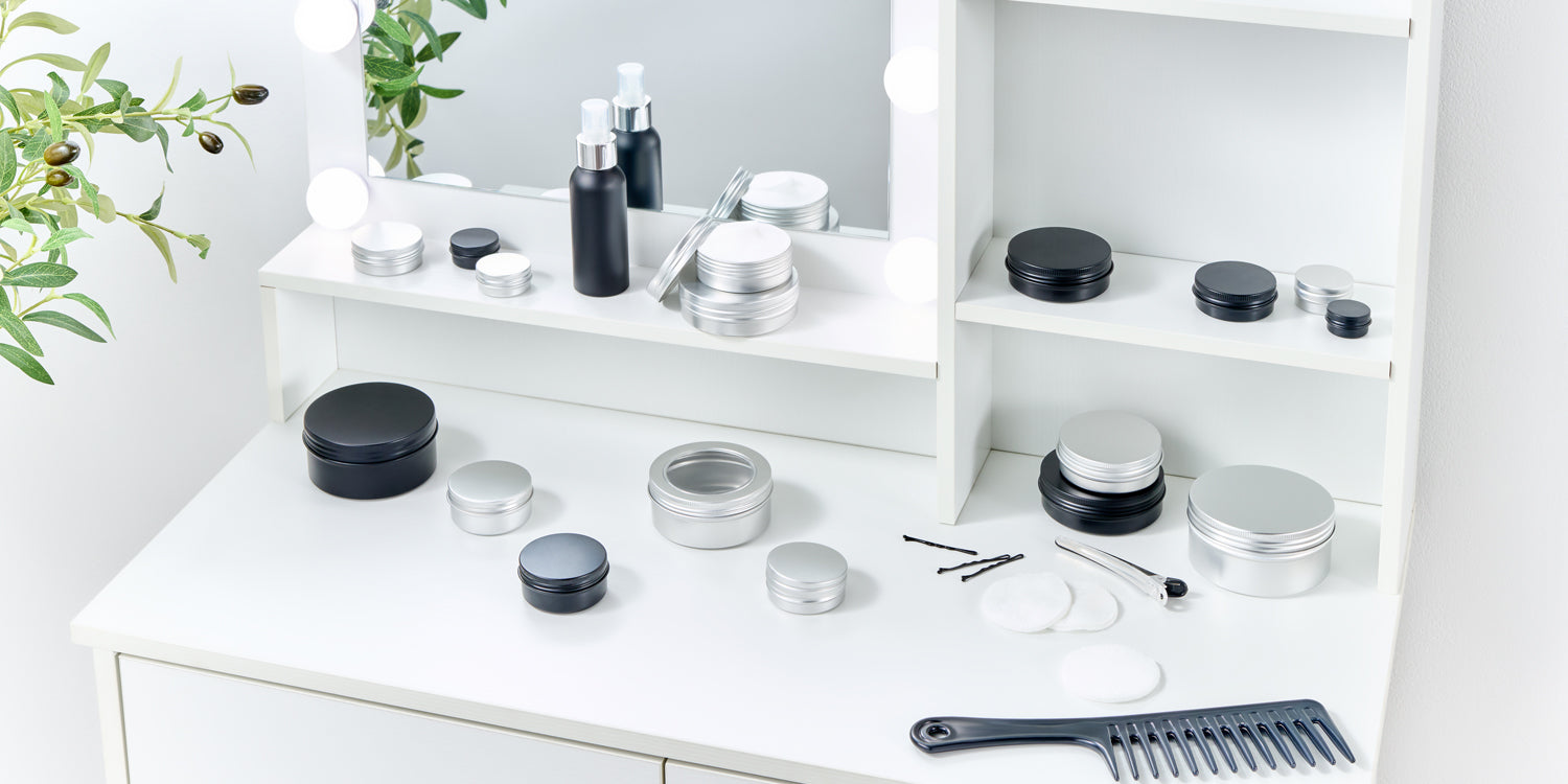 cosmetic packaging on a dressing table