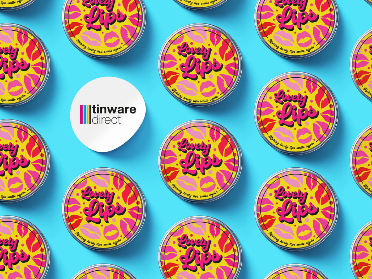 Cosmetic tin packaging on a blue background circling a white label with the Tinware Direct logo.