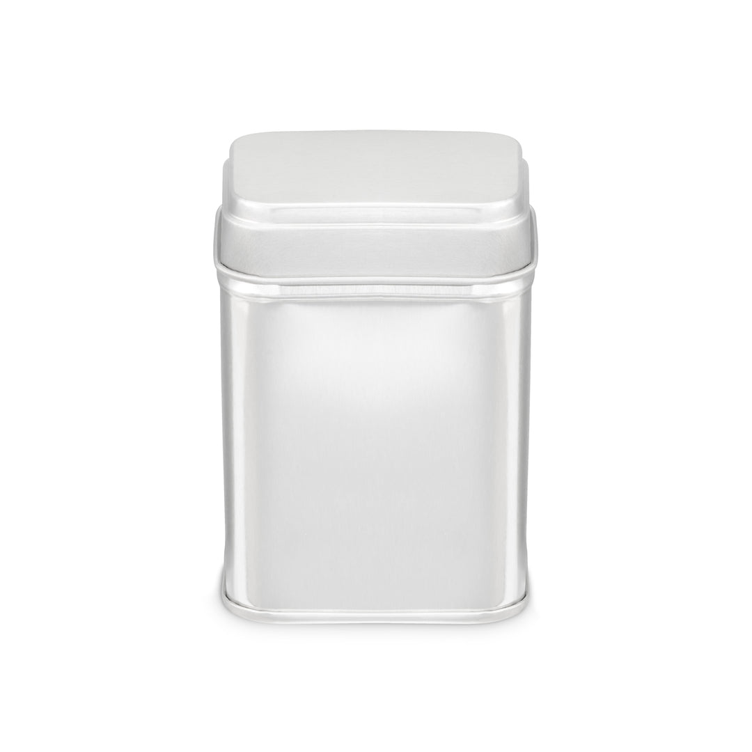 The medium sized silver rectangular tin with slip lid that is suitable for stacking with other sizes. The product code is T4092.